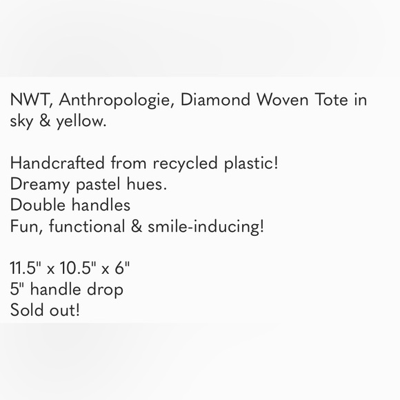 NWT Anthropologie Diamond woven Tote bag. Sky blue Adorable! See details - Picture 12 of 12